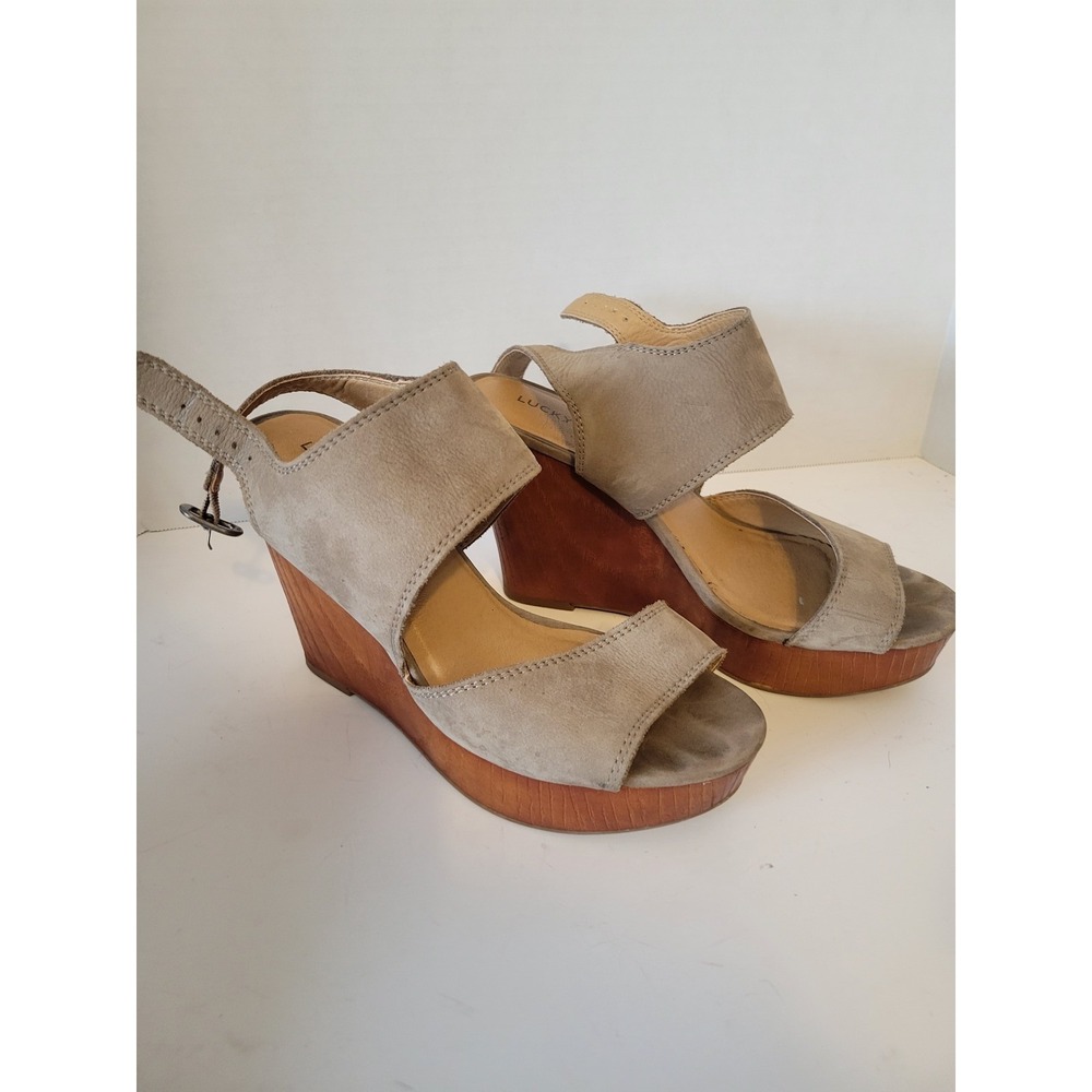 Lucky Brand Women's Suede Leather Wedge Sandals Ankle Strap Taupe US 8.5M